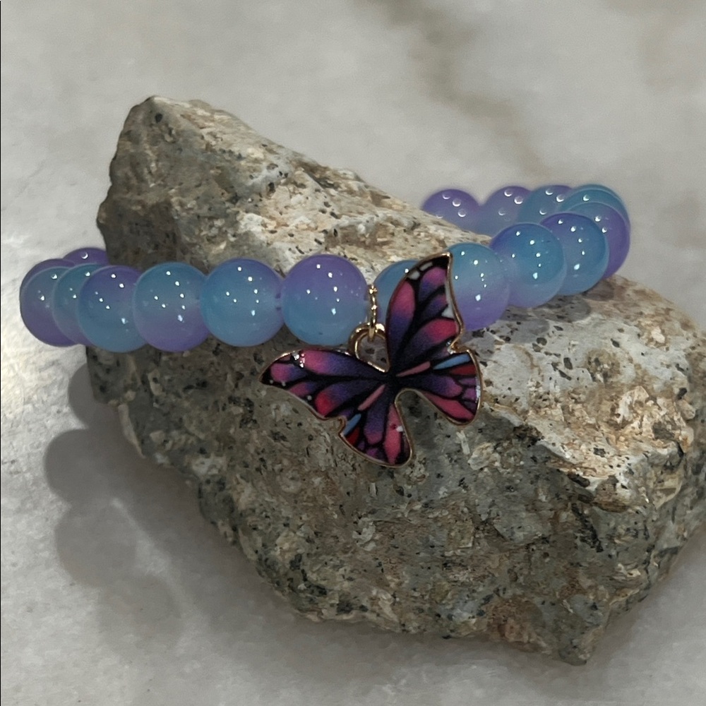 Blue and Purple Beaded Bracelet with Butterfly Charm